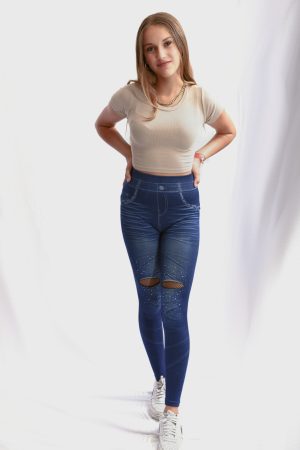 BLAUWE JEANSLOOK LEGGING MET GATEN EN STEENTJES